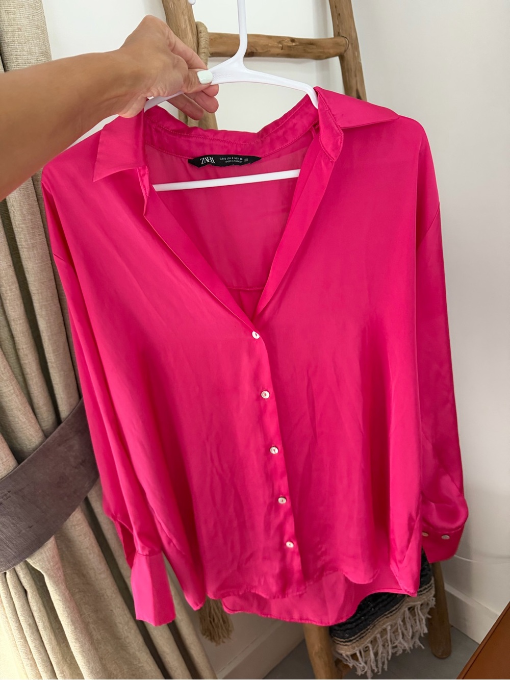 ZARA Hot Pink Satin Button Down Blouse Size Small